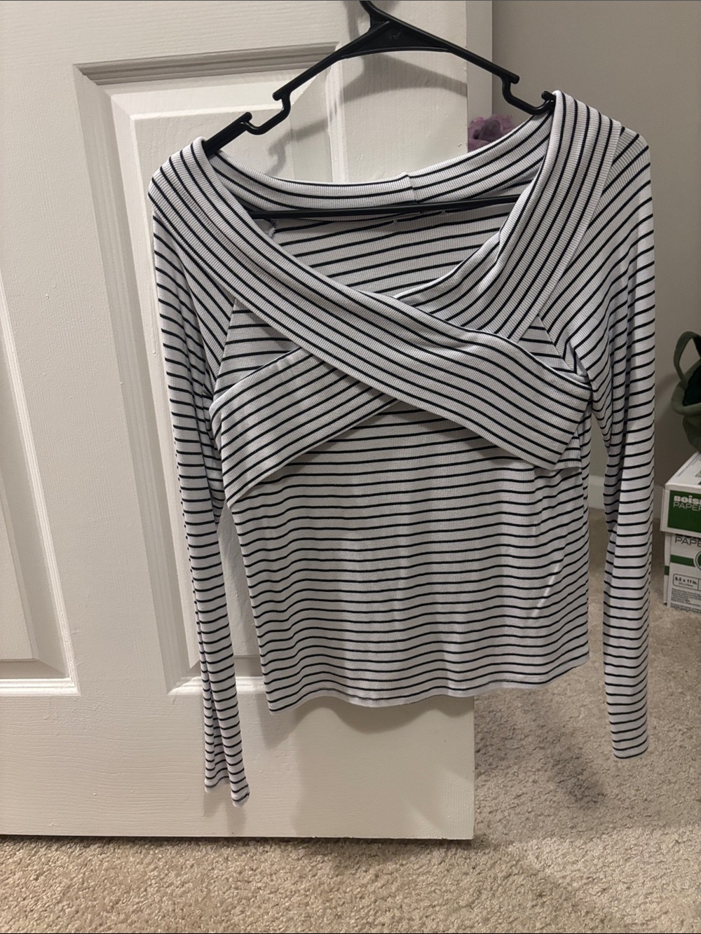 American Eagle Outfitters White and Black Striped Cross-Front Long Sleeve Top